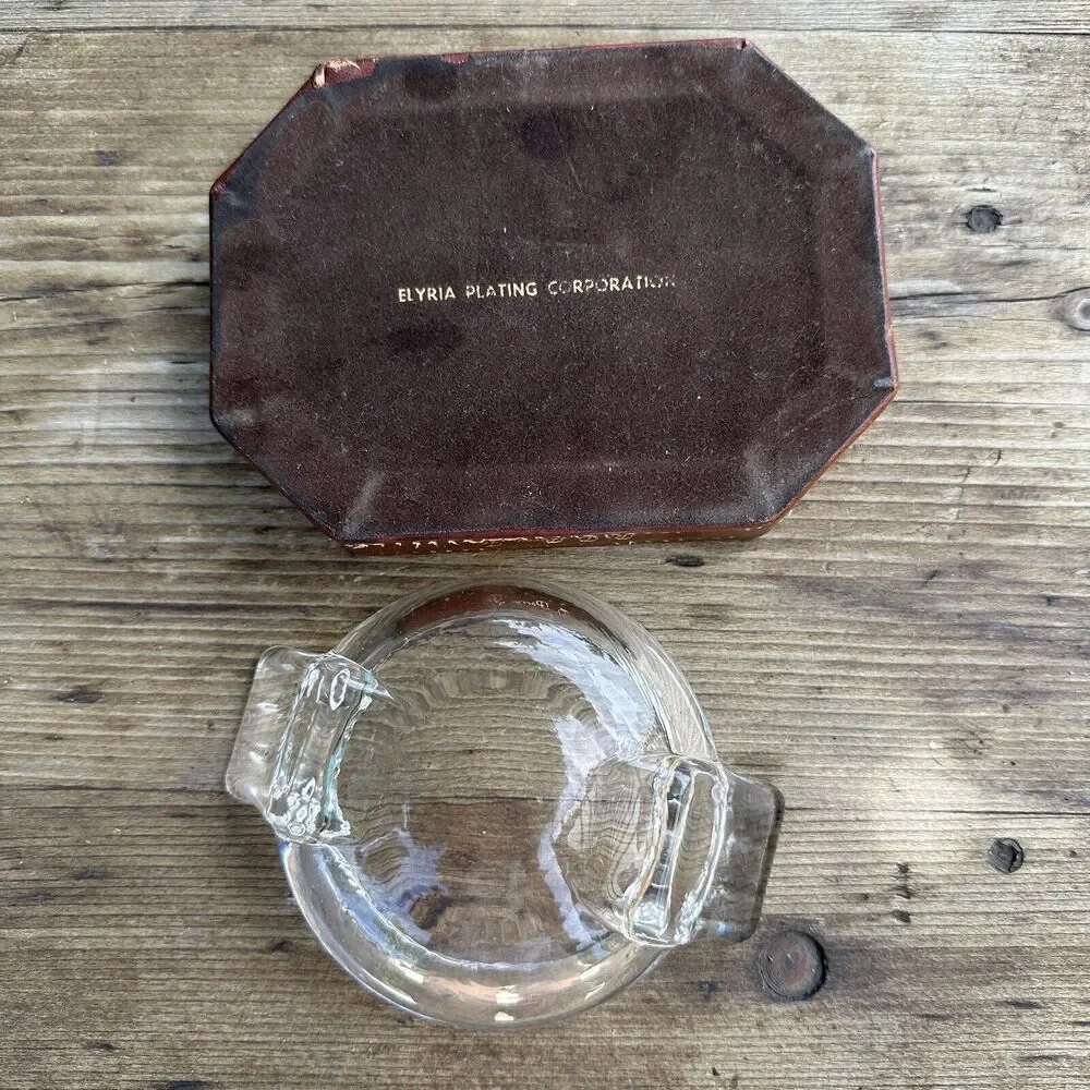Vintage Ashtray MCM Glass exposed stitching Leather Monogrammed